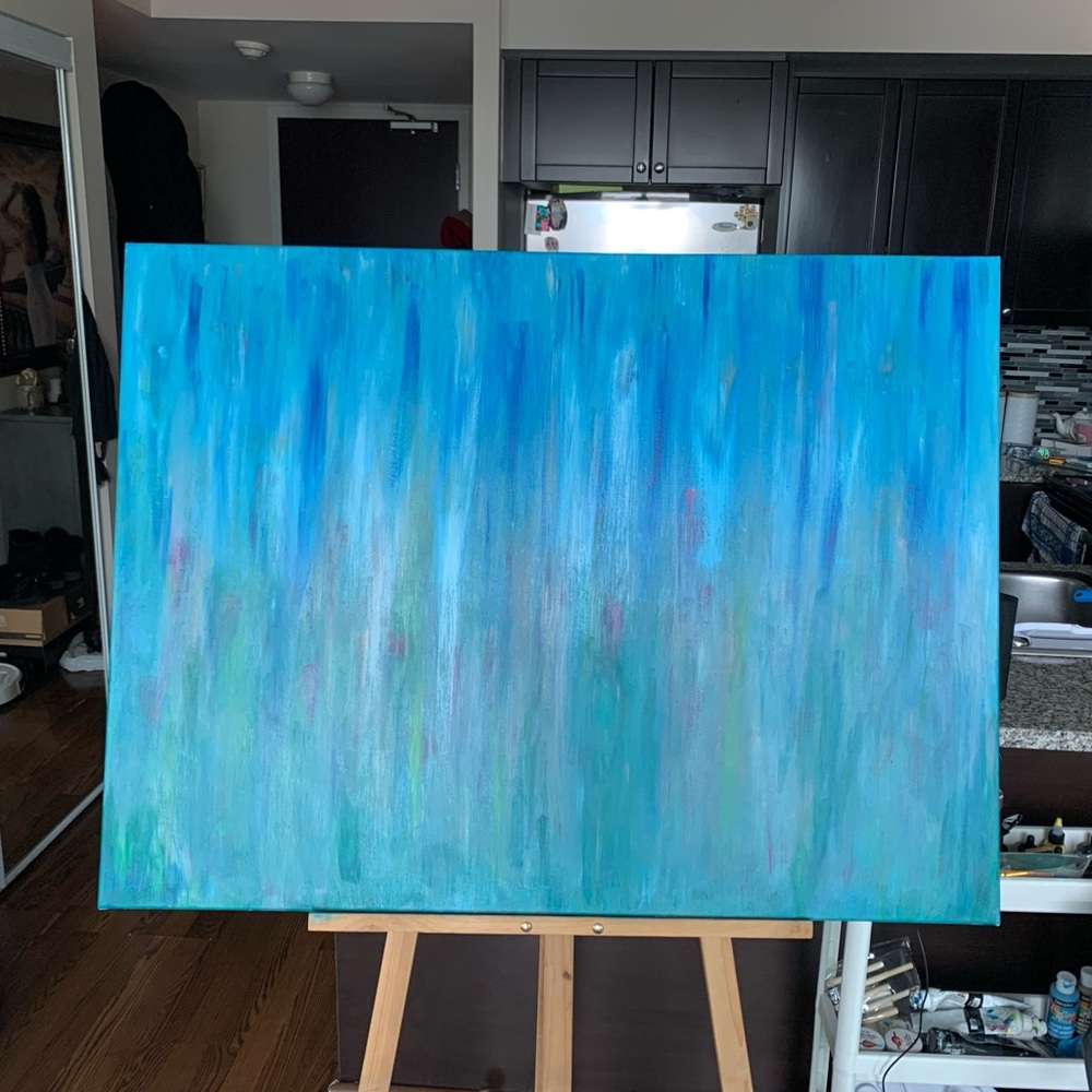 Abstract Blue and Green Canvas Art tulips in the garden 40 by 30 inches